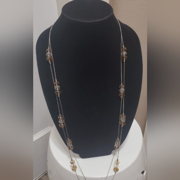 Two-strand Silver/Tan Crystal Bead Necklace. Extra Long 🌴 - Picture 3 of 10